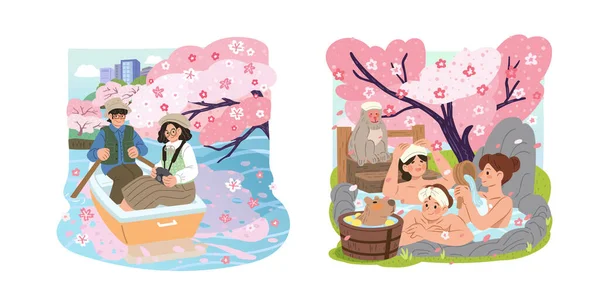 说明樱花季节户外活动 包括可爱的情侣在湖畔划船 美丽的樱花尽收眼底 女士与可爱的动物一起享受户外温泉 — 图库矢量图片