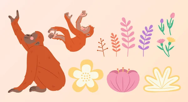 Набор Элементов Взаимодействия Милых Животных Числе Мать Обезьяны Обезьяны Цветочный — стоковый вектор