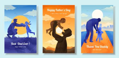 Suluboya tarzında Babalar Günü illüstrasyonu. Kızının silueti babasının kollarına koşuyor, babası oğlunu kaldırıyor ve çocuklarına bisiklet sürmeyi öğretiyor..