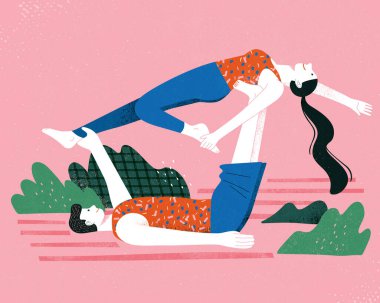 Boş zamanlarında birlikte yoga yapan çiftlerin düz tasarım çizimi..