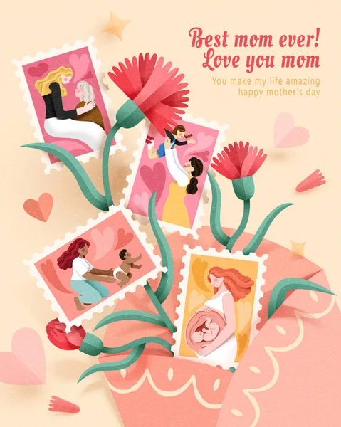纸质艺术风格的母亲节插图 贴有母亲和康乃馨的邮资邮票 用粉色信封盛放 — 图库矢量图片