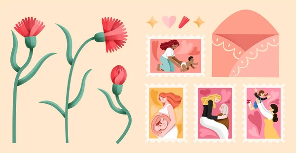 Schöne Muttertagselemente Gesetzt Inklusive Offenem Umschlag Mutter Kind Interaktion Briefmarken — Stockvektor