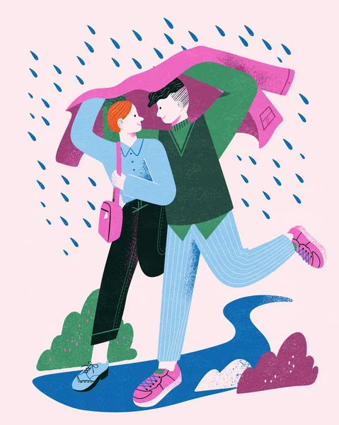 Genç Bir Çiftin Yağmura Yakalanmasının Yağmurdan Bir Ceketin Altında Saklanmasının — Stok Vektör