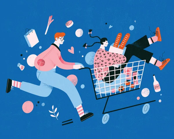 Platte Ontwerp Illustratie Van Kruidenierswinkel Paar Jonge Jongen Duwen Een — Stockvector