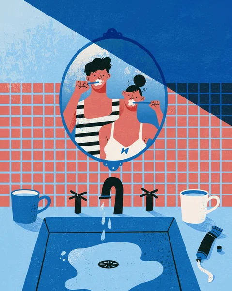 Illustration Conception Plate Interaction Couple Mignon Miroir Avec Réflexion Couple — Image vectorielle