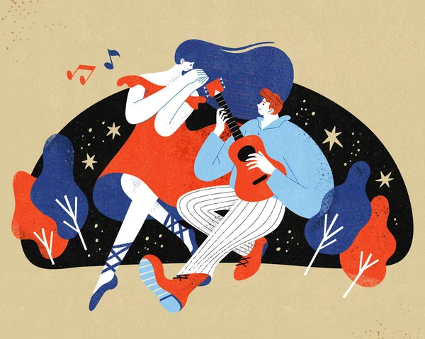 Плоский Дизайн Иллюстрации Романтического Взаимодействия Пары Мальчик Играющий Гитаре Нежно — стоковый вектор