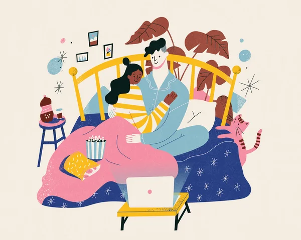 침대에 누워서 노트북으로 영화를 파자마를 스러운 커플의 디자인 — 스톡 벡터