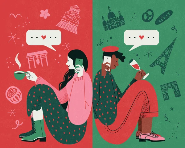 Design Plat Ilustrație Cuplului Relații Distanță Păstrează Legătura Unul Celălalt — Vector de stoc