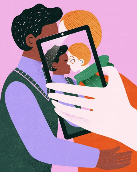 Illustration Conception Plate Doux Couple Même Sexe Prenant Selfie Eux — Image vectorielle