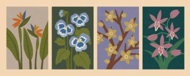 Retro el rengarenk çiçek koleksiyonu. Turna çiçeği, nonoş, kış çiçeği ve açık bej arka planda izole edilmiş tekne orkideleri de dahil. Bahar mevsimi ya da şenlikli dekorasyon için uygun.