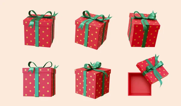3D显示元素集隔离在浅米色背景上 红色波尔卡圆点礼品盒 用绿色丝带包裹 从不同角度打开和关闭 — 图库矢量图片