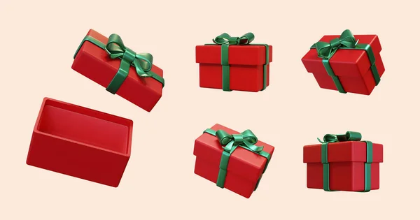 Подарунковий Набір Елементів Ізольовано Світло Рожевому Фоні Червоні Подарункові Коробки — стоковий вектор