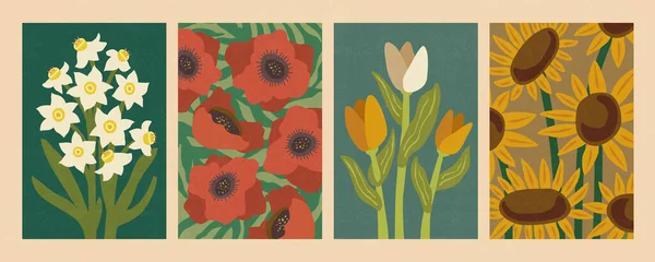 Colección Floral Colorida Dibujada Mano Vintage Incluyendo Narcisos Flores Amapola — Vector de stock