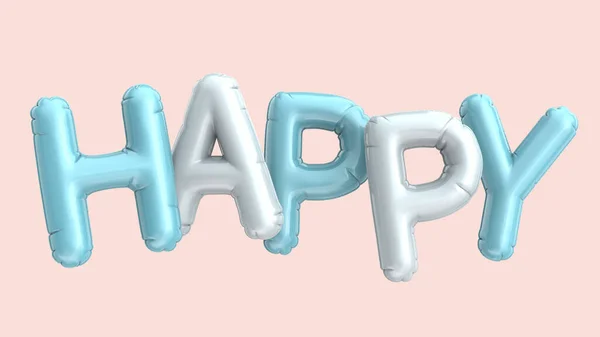 浅蓝色和白色气球Happy 粉色背景上的3D渲染短语 — 图库照片