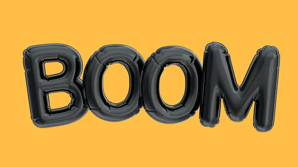 Renderizar Globo Negro Boom Frase Sobre Fondo Amarillo —  Fotos de Stock