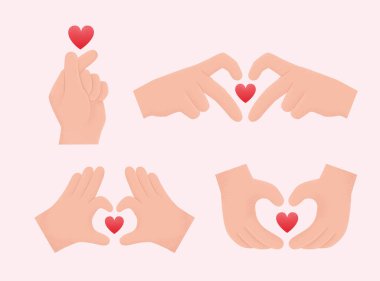 Sevgililer Günü işaretleri ayarlandı. Açık pembe arka planda izole edilmiş farklı el hareketleri.