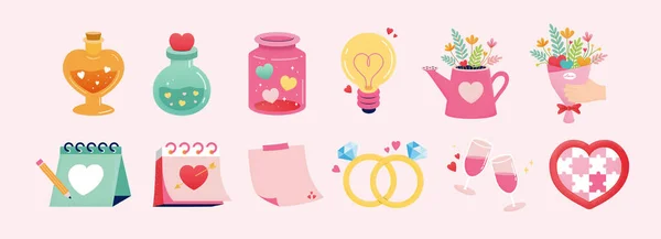 魔法のバレンタインデー要素は ライトピンクの背景に隔離された設定します かわいい愛のポーション カレンダー ダイヤモンドリング シャンパングラス パズルパッケージを含む — ストックベクタ