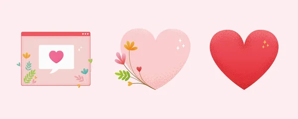 バレンタインデーの愛の形とウィンドウインターフェイス要素は ライトピンクの背景に隔離されたアイコンを設定します ウィンドウインターフェイスと愛の形からのかわいい愛のメッセージを含む — ストックベクタ
