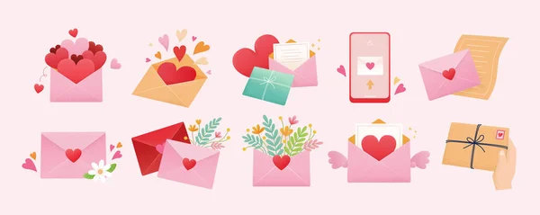 バレンタインデーの要素は ライトピンクの背景に隔離されました ハートや植物でいっぱいの封筒などのすべての種類の愛の手紙を含む 携帯電話や愛のパッケージから送信される愛の電子メール — ストックベクタ