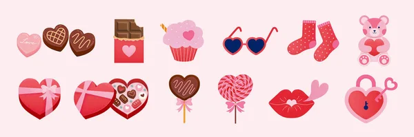 薄いピンクの背景に隔離されたバレンタインデーのデザートと装飾品 甘いチョコレートデザート カップケーキ ハートサングラスなど テディベア ハートロック — ストックベクタ