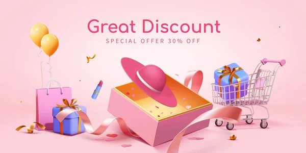 Cartaz Publicidade Surpresa Venda Chapéus Rosa Saindo Caixa Surpresa Com —  Vetores de Stock