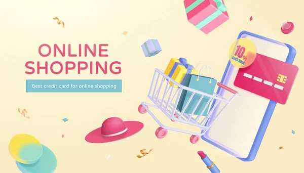Online Shopping Commerce Poster Teléfono Carrito Compras Lleno Artículos Sombrero — Vector de stock