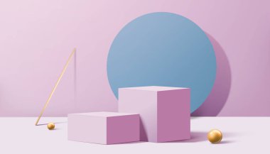 3D minimal lavanta sahne tasarımı. Çevresinde altın küre olan blok podyumların ve duvarda mavi yuvarlak süslemelerin bileşimi. Yaz kozmetik ürünleri için uygun.