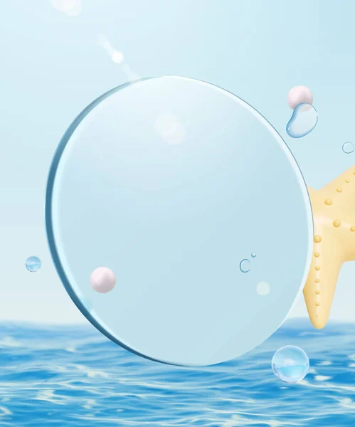 Ocean Thema Glasscheibe Hintergrunddesign Zusammensetzung Aus Rundem Glas Perlen Tautropfen — Stockvektor