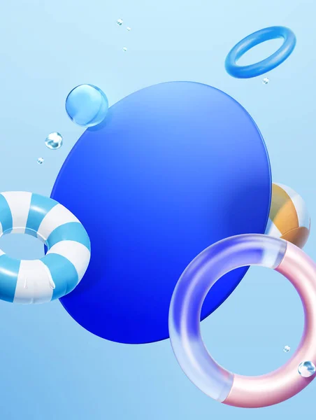 夏季主题几何背景设计 浅蓝色背景的浮蓝色玻璃盘 半透明环 泳圈和海滩球的成分 — 图库矢量图片