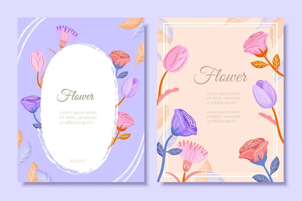 Hand Drawn Elegant Flower Frame Copy Space Template Design Set — Stock Vector