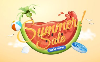 Yaz indirimi tanıtım posterini yeniliyorum. Açık turuncu arkaplanda sulu dilimlenmiş karpuz ve plaj nesnelerinin önünde yüzen kaligrafik harfler..
