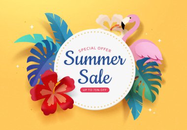 Kağıt sanatı tarzı yaz indirimi. Etrafı tropikal bitkiler ve sarı arka planda pembe flamingolarla çevrili..