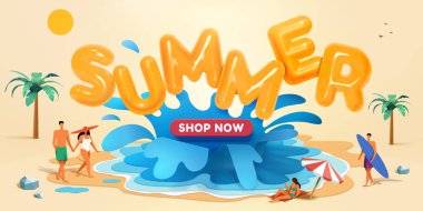 Çevrimiçi alışveriş reklam şablonu. Kağıt sanatı tarzı insanlar plajda su sıçratma ve yaz balonu ile güneşleniyorlar..