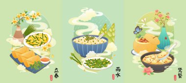 Iconic food for spring solar terms in oriental line style. Scrambled egg, spring rolls, porridge, asparagus and goji pear sweet soup. Text: Beginning of Spring. Rain Water. Insects Awakening. clipart