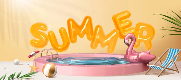 奇幻泳池派对促销海报橙色气球的文字漂浮在粉色游泳池上 上面有火烈鸟充气环和泳池派对的对象 — 图库矢量图片