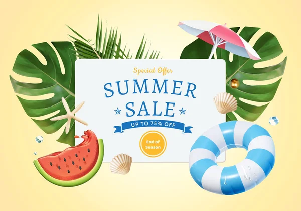 夏季促销广告模板 四周环绕着热带树叶 切片西瓜 海星和充气环 — 图库矢量图片