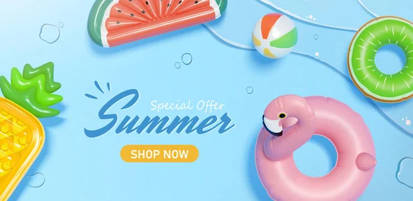 夏季促销网上购物广告模板 俯瞰水面上漂浮的球 火烈鸟游泳圈和热带水果百合花 — 图库矢量图片