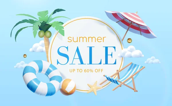Summer Sale Promotion Board Surrounded Beach Objects Clouds Floating Blue — Stock Vector