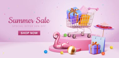 Pembe temalı yaz satış promosyon şablonu. Flamingo havuz şamandırası, plaj topu, hediye, alışveriş çantası ve şemsiye ile çevrili alışveriş arabası ve çantalar..