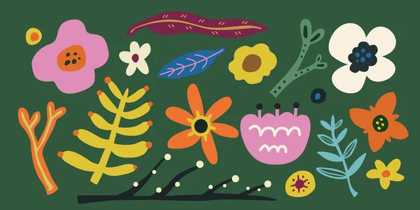 Patrón Floral Juguetón Estilo Dibujo Doodle Sobre Fondo Verde Oscuro — Vector de stock
