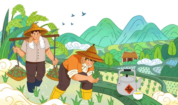 手绘风格的勤劳农民在梯田种植和搬运装满稻苗的肩杆 — 图库矢量图片