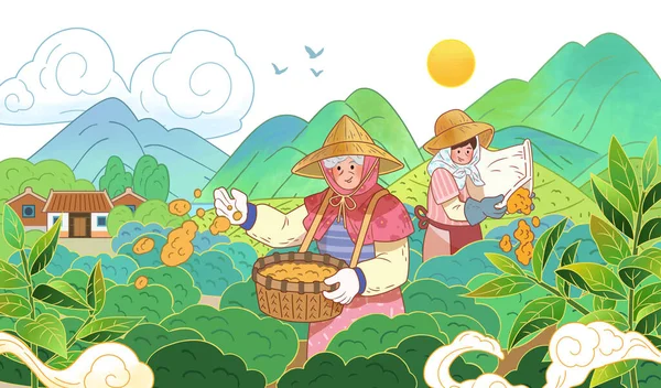 手绘风格的茶农在地里施肥 后边有山的村庄附近的阳光茶园景致 — 图库矢量图片