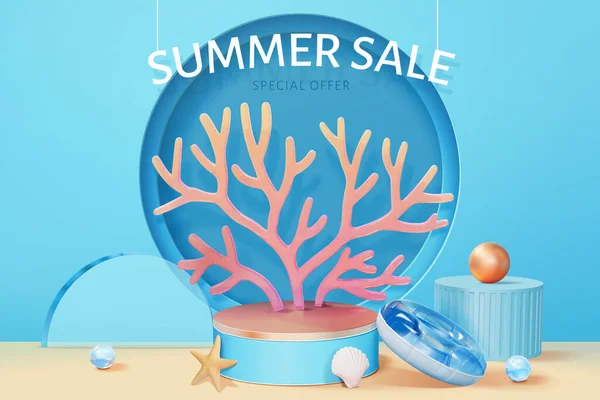 海洋世界主题夏季销售推广模板 在展台上的珊瑚礁海贝 半圆形玻璃板 球四散 后部有圆形拱形的球 — 图库矢量图片