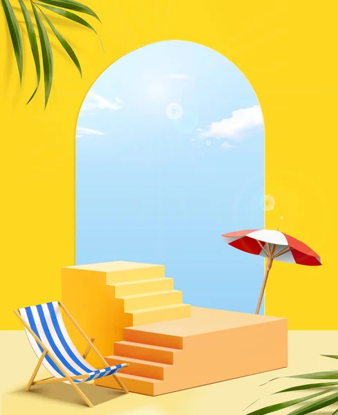 Żywe Żółte Schody Wyświetlacza Otoczone Krzesłem Plażowym Parasol Tropikalny Drzwi — Wektor stockowy