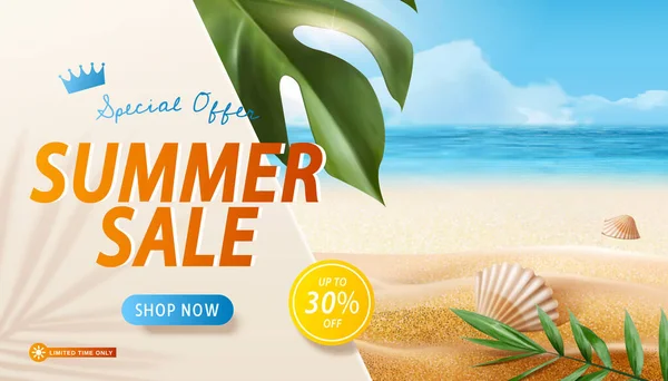 夏季销售广告横幅模板 热带叶和贝壳背景的宁静海滨夏季销售名称的组成 — 图库矢量图片
