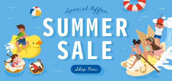 夏天快乐销售广告横幅模板 快乐的孩子们在海里玩着快乐可爱的日光浴猫 还有甜点式的充气玩具 — 图库矢量图片
