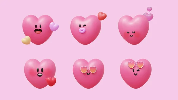 3D playful heart shape elements with different facial expressions isolated on light pink background.