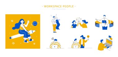 Tek renkli iş alanı insanları koleksiyonu. Dev kalemle oturan kız, takım çalışması ve tartışma, sunum zamanı, kafası karışık ve stresli erkekler, ve ofiste dizüstü bilgisayar kullanan erkekler.