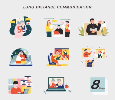 Cute hand drawn style element set of long distance communication. Online calls for keeping in touch with friends and family, conference, and religious activity. clipart