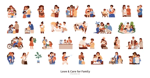 Lindo Diseño Plano Amor Cuidado Conjunto Elementos Familia Adorables Actividades — Vector de stock